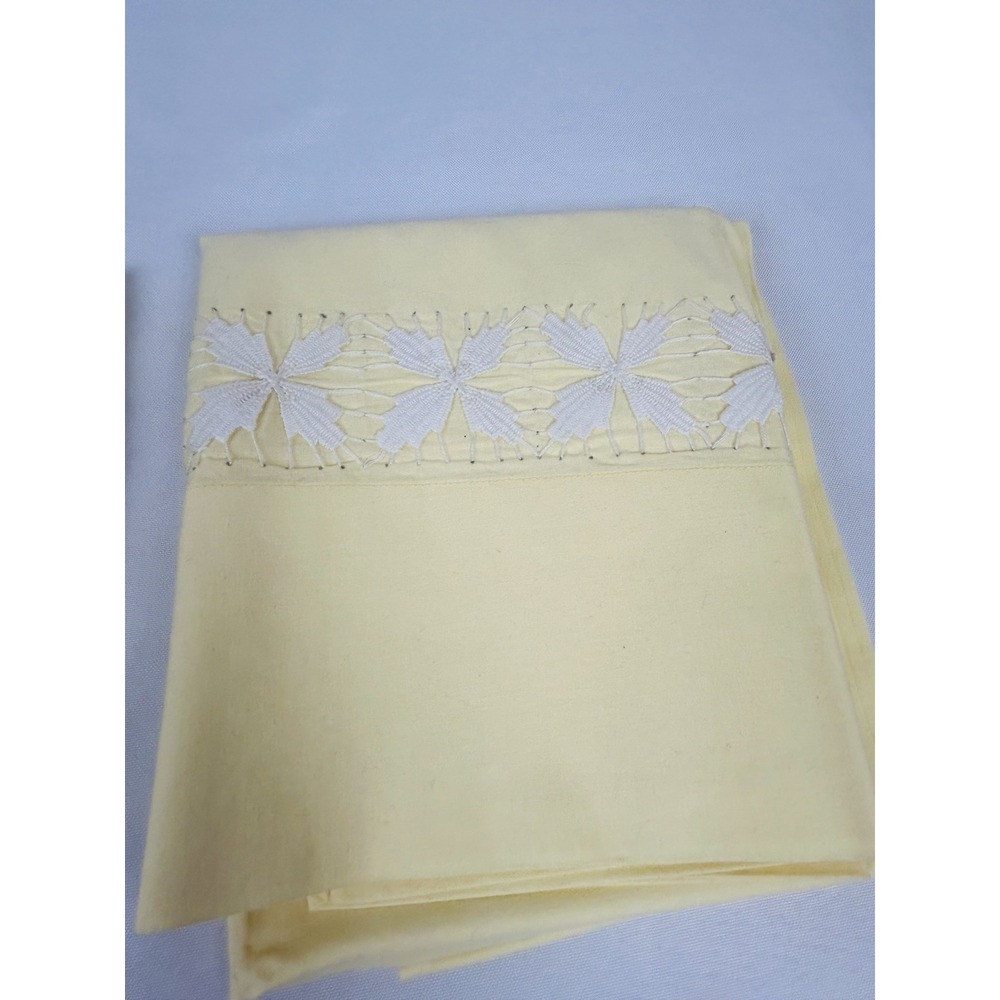 Vintage Cross Stitched Pillowcase Yellow w/White Stitching 33 x 21